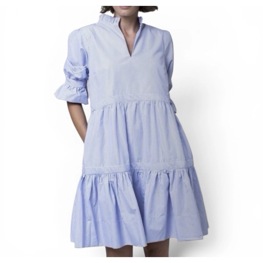 Gretchen Scott White Blue Striped Dress Pleated Tiered Ruffle Size M